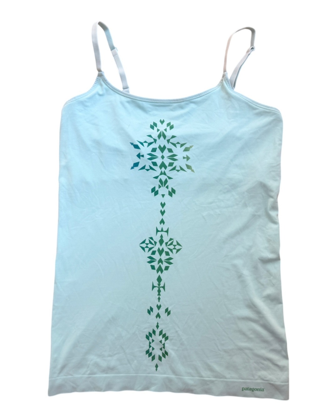 Patagonia Pale Blue Tank with Vertical Green Geometric Print